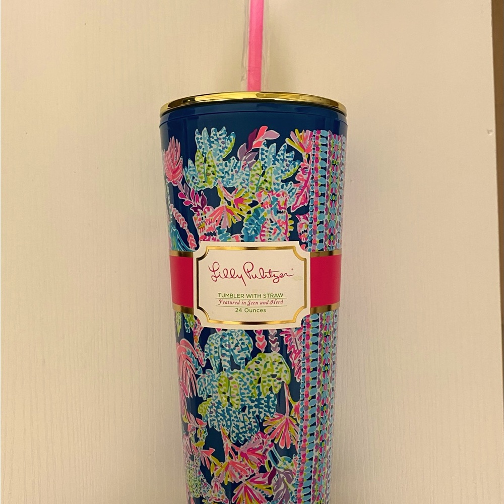 Lilly Pulitzer 24 oz Tumbler with Straw NEW Oyster Bay Navy with Pink Straw